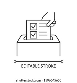 Anonymous survey linear icon. Ballot box. Feedback form. Opinion polling. Social research. Voting. Thin line illustration. Contour symbol. Vector isolated outline drawing. Editable stroke