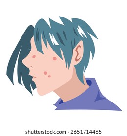 Perfil do lado da pessoa adolescente anônima com problemas de pele de espinha. Simples desenhos coloridos planos isolados sobre fundo branco quadrado.