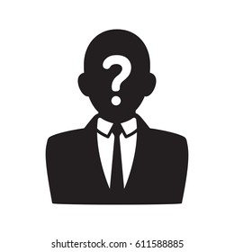 Anonymous user icon, black silhouette of man in business suit with question mark on face. Profile picture vector illustration.