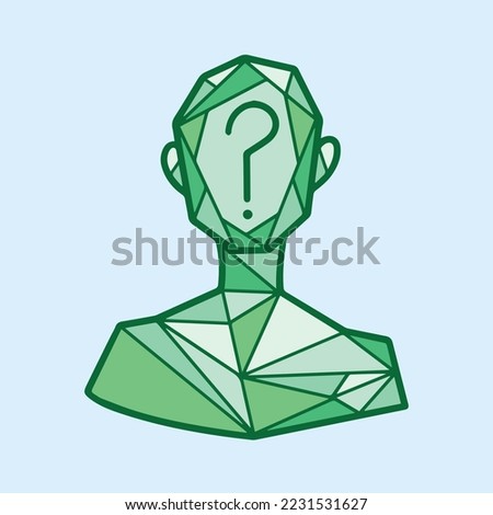 Anonymous vector icon pictogram illustration with green colored polygonal decoration. Polygon monochrome drawing with cartoon flat art style isolated. Mysterious person with question mark element.