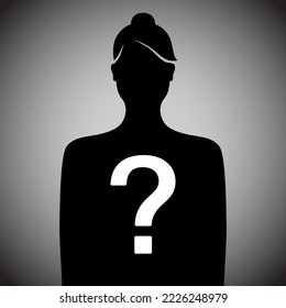 Anonymous woman black silhouette with question mark. Incognito female person vector illustration.