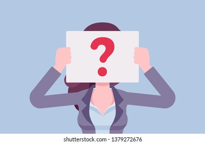 Anonymous woman with question mark. Female person not identified by name, unknown faceless user, incognito with concealed profile, business secrecy, obscurity, blind date partner. Vector illustration