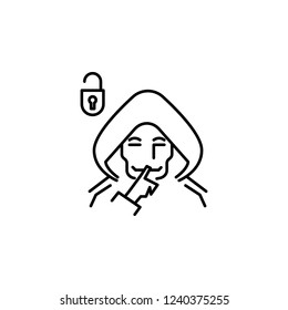 anonymus, hacker, lock icon. Element of crypto currency icon for mobile concept and web apps. Outline anonymus, hacker, lock icon can be used for web and mobile