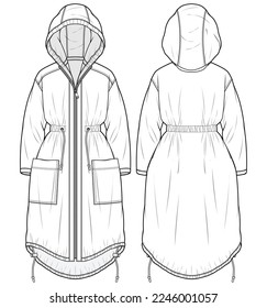 Anorak Hoodie jacket design flat sketch Illustration cad drawing, Women's overcoat Hooded jacket with front and back view, winter hoody jacket for Men and women. for hiker, outerwear in winter