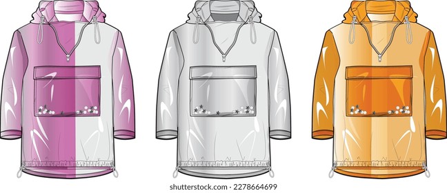 Anorak Jacket, Rain Coat, Winter Jackets flat sketch technical drawing vector illustration template