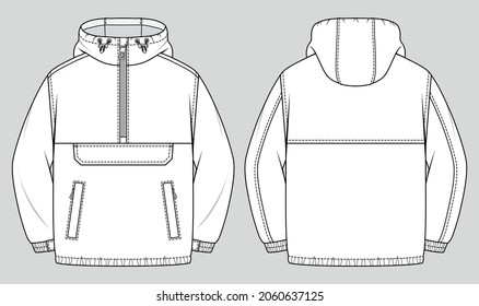 Anorak jacket  Unisex oversized coat and hood   front pocket  Vector technical sketch  Mockup template 