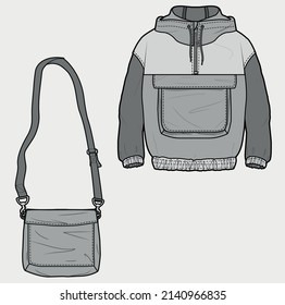 Anorak - parka jacket. Unisex top size cover with hood and front pocket. Vector technical sketch