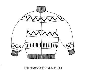 Anorak vector sketch.  Down winter jacket doodle illustration with ornaments. Winter clothing design.