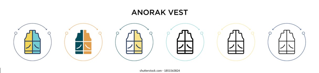Anorak vest icon in filled, thin line, outline and stroke style. Vector illustration of two colored and black anorak vest vector icons designs can be used for mobile, ui, web