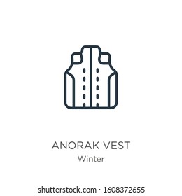 Anorak vest icon. Thin linear anorak vest outline icon isolated on white background from winter collection. Line vector sign, symbol for web and mobile