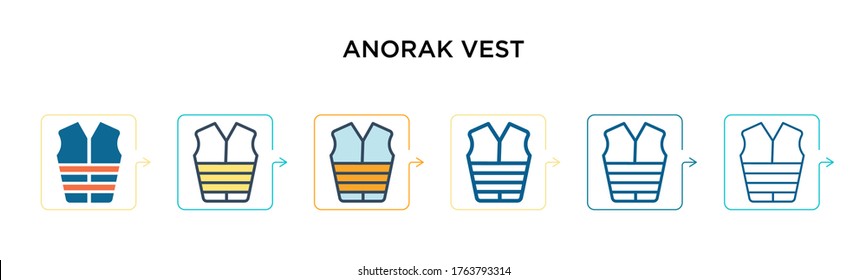 Anorak vest vector icon in 6 different modern styles. Black, two colored anorak vest icons designed in filled, outline, line and stroke style. Vector illustration can be used for web, mobile, ui