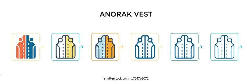 Anorak Weste Vektorsymbol in 6 verschiedenen modernen Stilen. Schwarze, zweifarbige Anorak-Vektorsymbole, die im vollen, Umriss-, Linien- und Strichstil entworfen wurden. Vektorgrafik kann für Web, Mobile, i