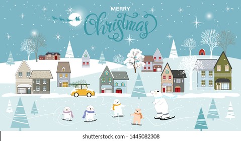 anoramic of winter landscapes with snow,Vector of horizontal banner of winter wonderland with cute polar bear family looking up at Santa Claus and Reindeers in sky,Merry Christmas and Happy New year