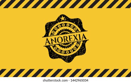 Anorexia black grunge emblem inside yellow warning sign. Vector Illustration. Detailed.