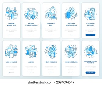 Anorexia and bulimia blue onboarding mobile app screen set. Nervosa types walkthrough 5 steps graphic instructions pages with linear concepts. UI, UX, GUI template. Myriad Pro-Bold, Regular fonts used