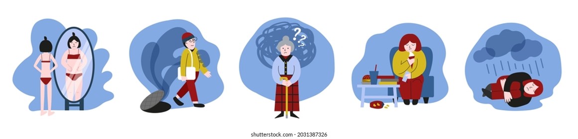 Anorexia, bulimia, depression, eating disorder, paranoia, panic attack, dementia and alzheimer. Mental illness concepts, behavioral problem and psychiatric condition. Set of flat vector illustration.