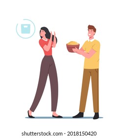 Anorexia or Bulimia Illness, Dieting Concept. Female Characters with Mental Disorder Refuse Eating, Loss Weight, Girl Feel Guilty for Food Meals Eating Sickness. Cartoon People Vector Illustration
