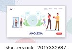 Anorexia or Bulimia Landing Page Template. Female Characters with Mental Disorder Refuse Eating, Unhealthy Loss Weight, Feel Guilty and Hate Appearance in Mirror. Cartoon People Vector Illustration