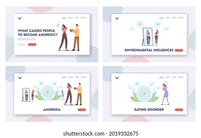 Anorexia, Bulimia Landing Page Template Set. Female Characters with Mental Disorder Refuse Eating, Unhealthy Loss Weight, Feel Guilty and Hate Appearance in Mirror. Cartoon People Vector Illustration