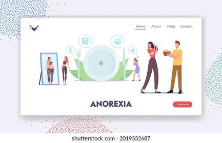 Anorexia or Bulimia Landing Page Template. Female Characters with Mental Disorder Refuse Eating, Unhealthy Loss Weight, Feel Guilty and Hate Appearance in Mirror. Cartoon People Vector Illustration