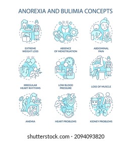 Anorexia and bulimia nervosa turquoise concept icons set. Eating disorders idea thin line color illustrations. Isolated outline drawings. Editable stroke. Roboto-Medium, Myriad Pro-Bold fonts used