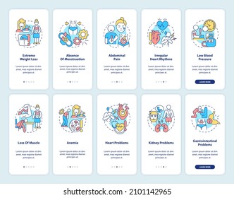 Anorexia and bulimia onboarding mobile app screen set. Underweight issues walkthrough 5 steps graphic instructions pages with linear concepts. UI, UX, GUI template. Myriad Pro-Bold, Regular fonts used