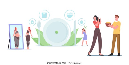 Anorexia or Bulimia, Unhealthy Lifestyle Concept. Female Characters with Mental Disorder Refuse Eating, Loss Weight, Feel Guilty and Hate Appearance in Mirror. Cartoon People Vector Illustration