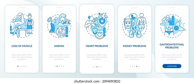 Anorexia complications blue onboarding mobile app screen. Heart problems walkthrough 5 steps graphic instructions pages with linear concepts. UI, UX, GUI template. Myriad Pro-Bold, Regular fonts used