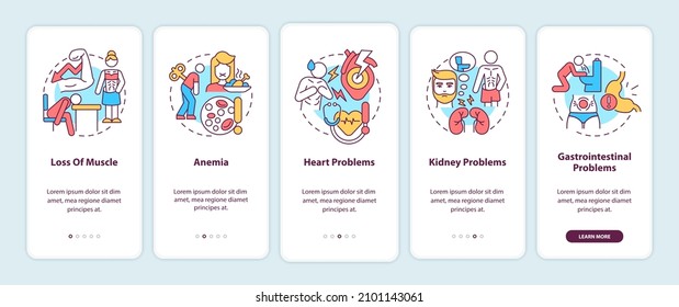 Anorexia complications onboarding mobile app screen. Loss of muscle walkthrough 5 steps graphic instructions pages with linear concepts. UI, UX, GUI template. Myriad Pro-Bold, Regular fonts used