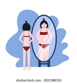 Anorexia, dysmorphophobia, eating disorder. Woman looking in the mirror. Self hate and dissatisfaction with appearance. Body rejection problem. Flat vector illustration