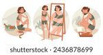 Anorexia, eating disorder. Set of illustrations with sad thin young woman with anorexia