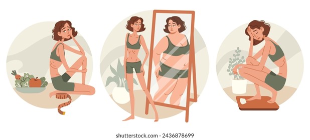 Anorexia, trastorno alimenticio. Conjunto de ilustraciones con mujer joven delgada triste con anorexia