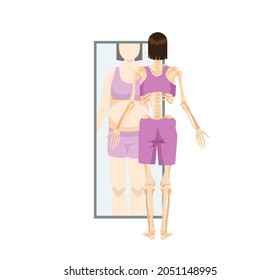 Anorexia and fullness. Womans skeleton in front of mirror sees her reflection as thick obsessive paranoid weight loss and mental disorders vector.