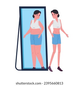 anorexia girl in front of the mirror illustration isolated