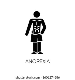 Anorexia glyph icon. Eating disorder. Underweight body mass. Slim and skinny person. Unhealthy weight loss. Mental health. Silhouette symbol. Negative space. Vector isolated illustration