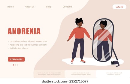 Anorexia landing page template. Slim african woman looking herself fat in mirror and feel insecure human. Rejection of yourself. Girl with mental problems. Vector illustration in cartoon style.