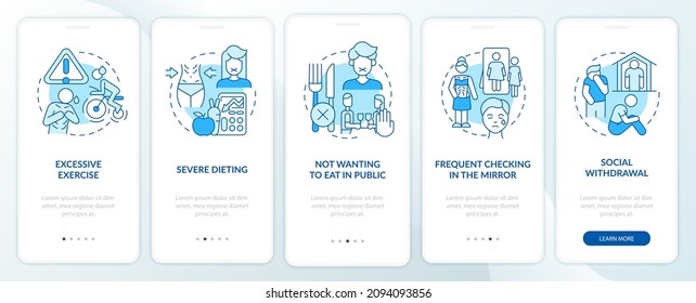 Anorexia mental symptoms blue onboarding mobile app screen. Severe diet walkthrough 5 steps graphic instructions pages with linear concepts. UI, UX, GUI template. Myriad Pro-Bold, Regular fonts used