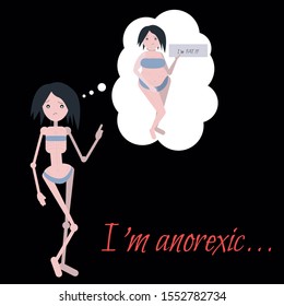 Anorexia. Physical Exhaustion. Nervous disease. Eating disorder. Painful, gaunt, skinny girl with the thought that she was fat. Character of a very thin woman on a black background. 