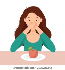 Anorexia. A sad young woman is sitting with an empty plate with an apple. The girl is sick of food. Diet risk. Vector flat illustraton.