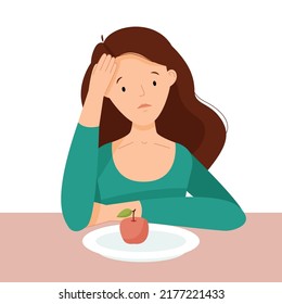 Anorexia. A sad young woman is sitting with an empty plate with an apple. The girl is sick of food. Diet risk. Vector flat illustraton.