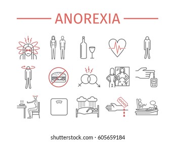 Anorexia. Symptoms, Treatment. Line Icons Set. Vector Signs For Web Graphics.