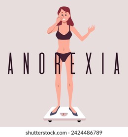Anorexia vector poster. Sad unhealthy skinny girl is standing on the weight. Eating disorder concept. Weight measurement and control nervosa, dieting and health problem illustration