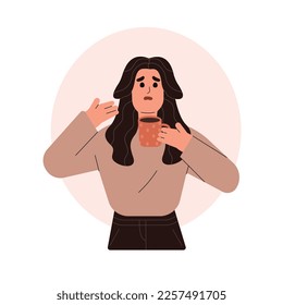 Anosmia Awareness day. February 27th. A young worried, upset girl has lost her sense of smell, does not feel the smell of food and drinks.