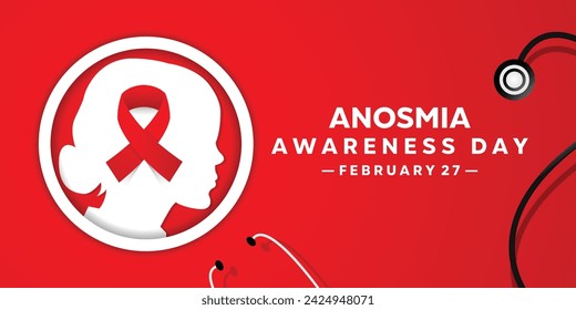 Anosmia Awareness Day. Human, stestoscope and ribbon. cards, banners, posters, social media and more. Red background.