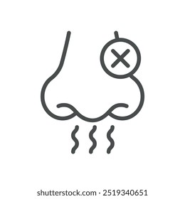 Anosmia Icon. Thin Line Illustration of Nose with Cross Symbolizing Loss of Smell. Medical Vector Sign for Odor Impairment and Nasal Health Issues.