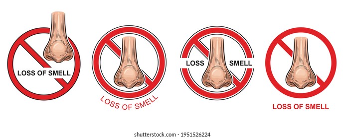 Anosmia, loss ability to smell icon set. Covid-19 infection. Respiratory disease symptom. Nose organ of scent with red warning sign. Difficulty perceiving odors. Collection colored symbols. Vector 