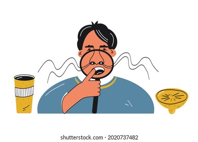 Anosmia Loss Sense Of Smell And Long Covid Concept. Sick Man Lost His Sense Of Smell. Male With Big Nose In Magnifying Glass Taste Lemon And Coffe. Bad Sniffing, Olfactory, Illness Nasal Receptor