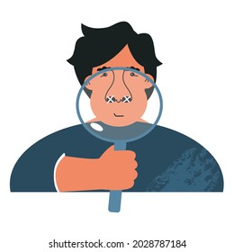 Anosmia Loss Sense Of Smell And Long Covid Concept. Sick Man Lost His Sense Of Smell. Male With Big Nose In Magnifying Glass. Bad Sniffing, Olfactory, Illness Nasal Receptor. Flat Vector Illustration