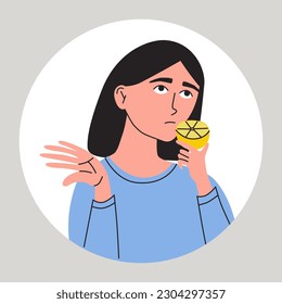 Anosmia. Young women suffering from a loss of smell. Female with health problem. Symptom of sinusitis, coronavirus, flu, cold or different disease. Flat vector medical illustration.