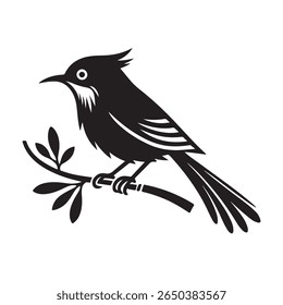  Another black silhouette of a bird perched on a branch with more intricate feather details on its wings and tail. The bird looks slightly more dynamic, with a prominent crest on its head and a detail